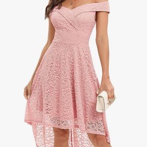 NEW HOMRAIN Rose Pink Elegant Lace Floral Dress Wedding Guest Shoulder High Low